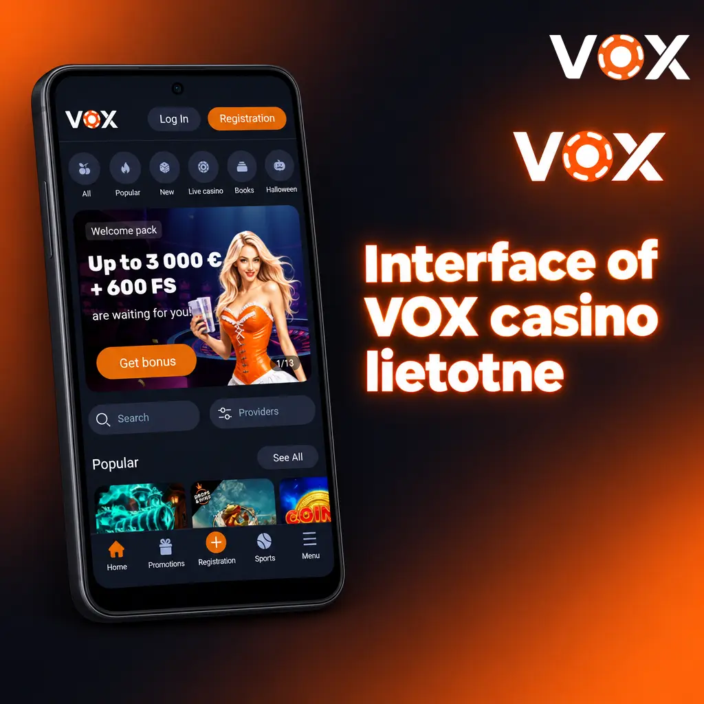 VOX casino lietotnes saskarne ar tumšu dizainu un oranžiem akcentiem, redzamas kazino, sporta un kases sadaļas