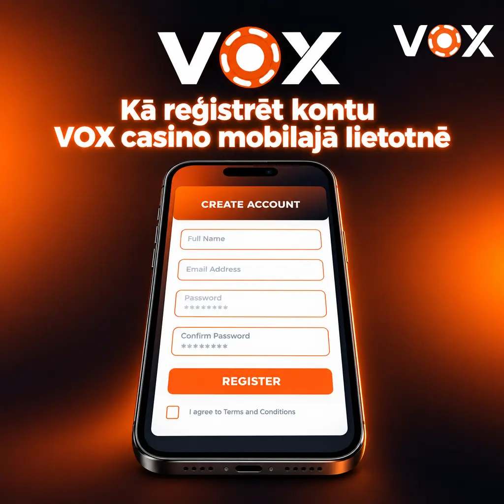 Reģistrācijas process VOX casino mobilajā lietotnē ar e-pastu, paroli un bonusa aktivizēšanu