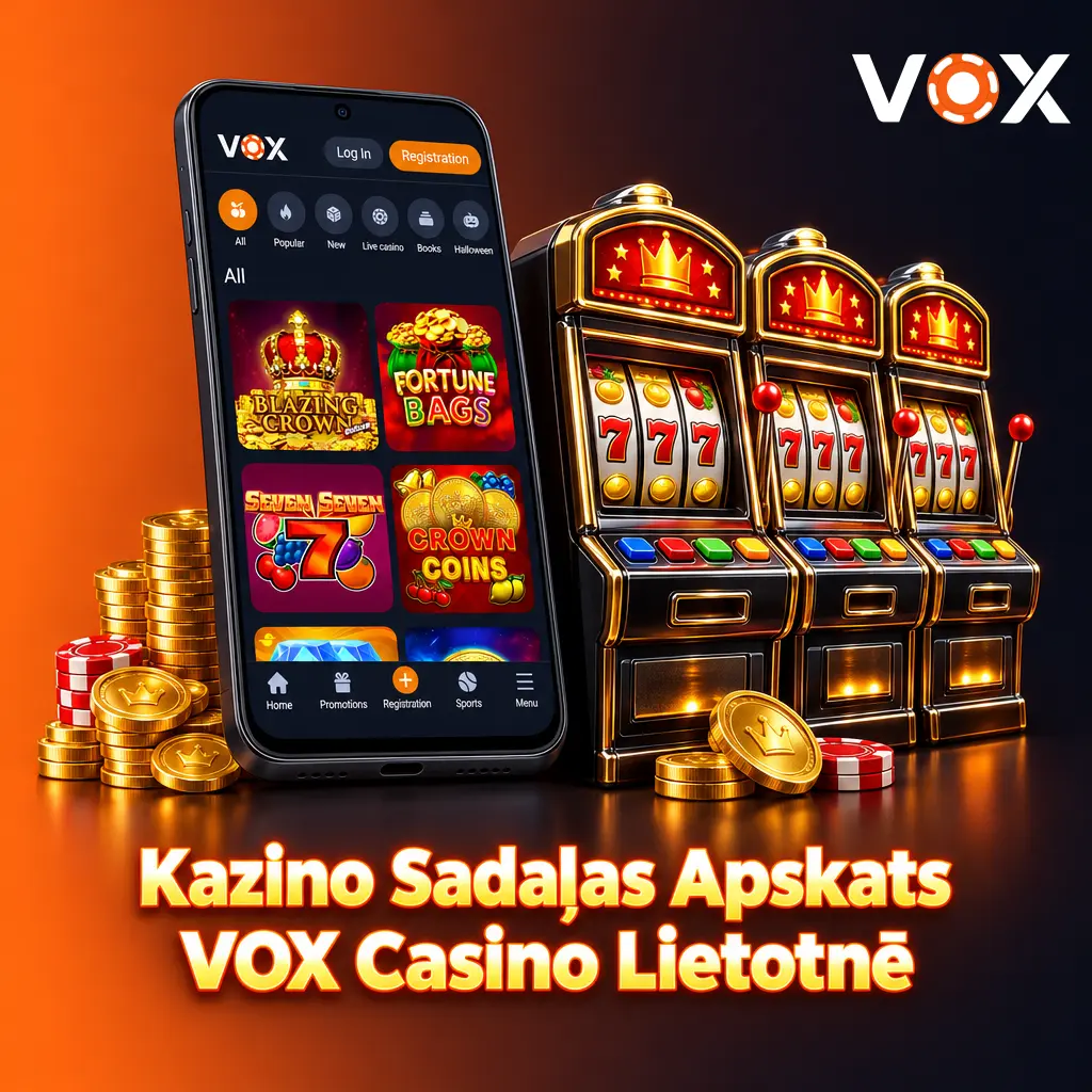 VOX Casino lietotnes kazino sadaļa ar slotiem, Aviator spēli, tiešraides kazino un jackpot spēlēm mobilajā ierīcē.