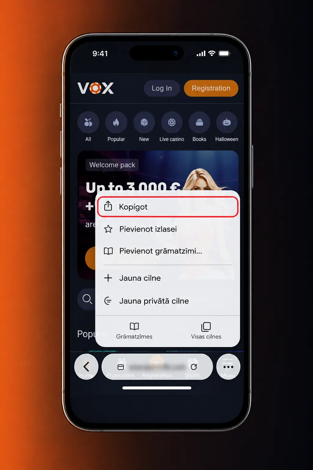 VOX casino PWA lietotnes instalēšana iOS ierīcē, izmantojot Safari pārlūku un sākuma ekrānu