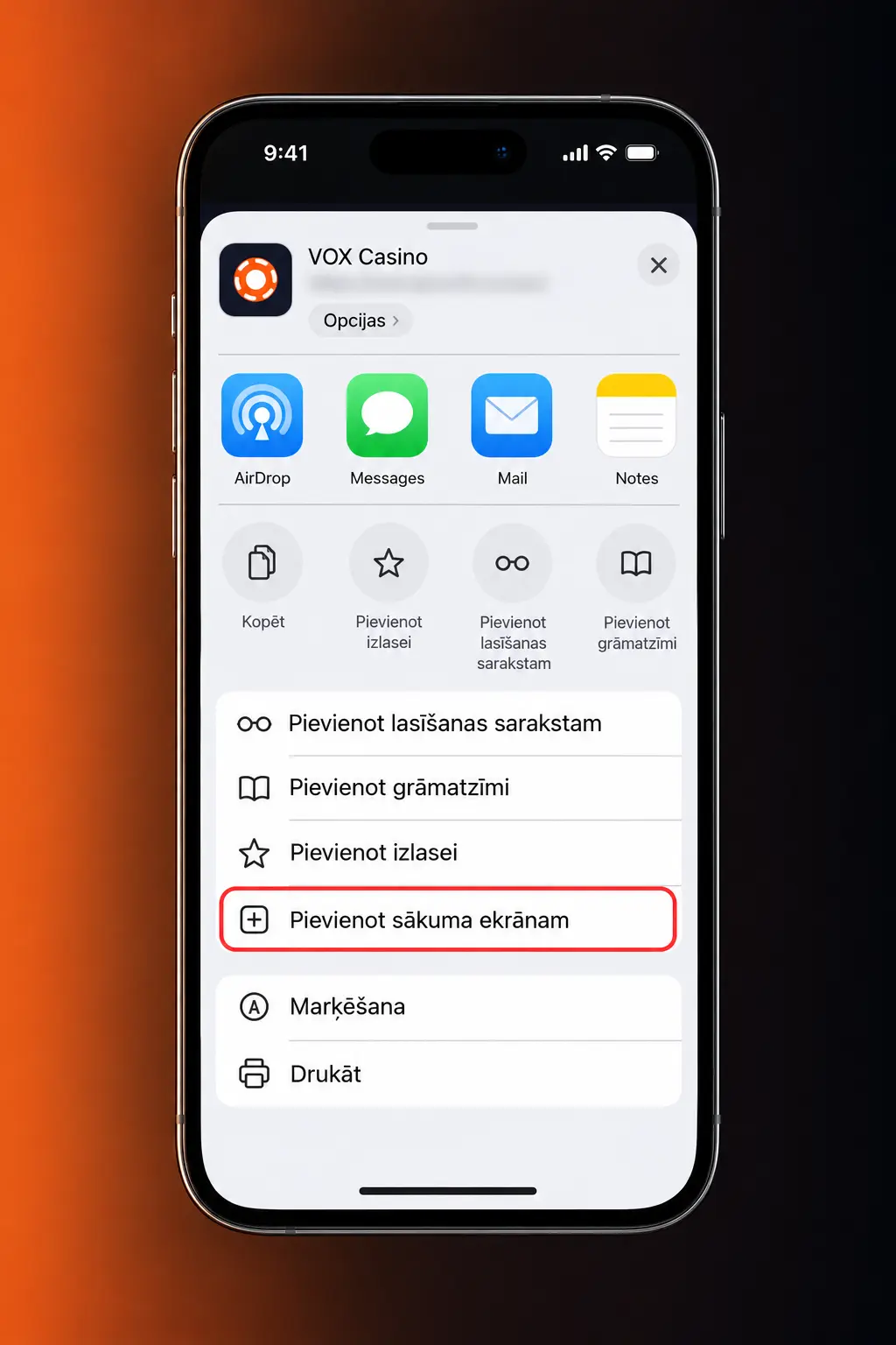 VOX casino PWA lietotnes instalēšana iOS ierīcē, izmantojot Safari pārlūku un sākuma ekrānu