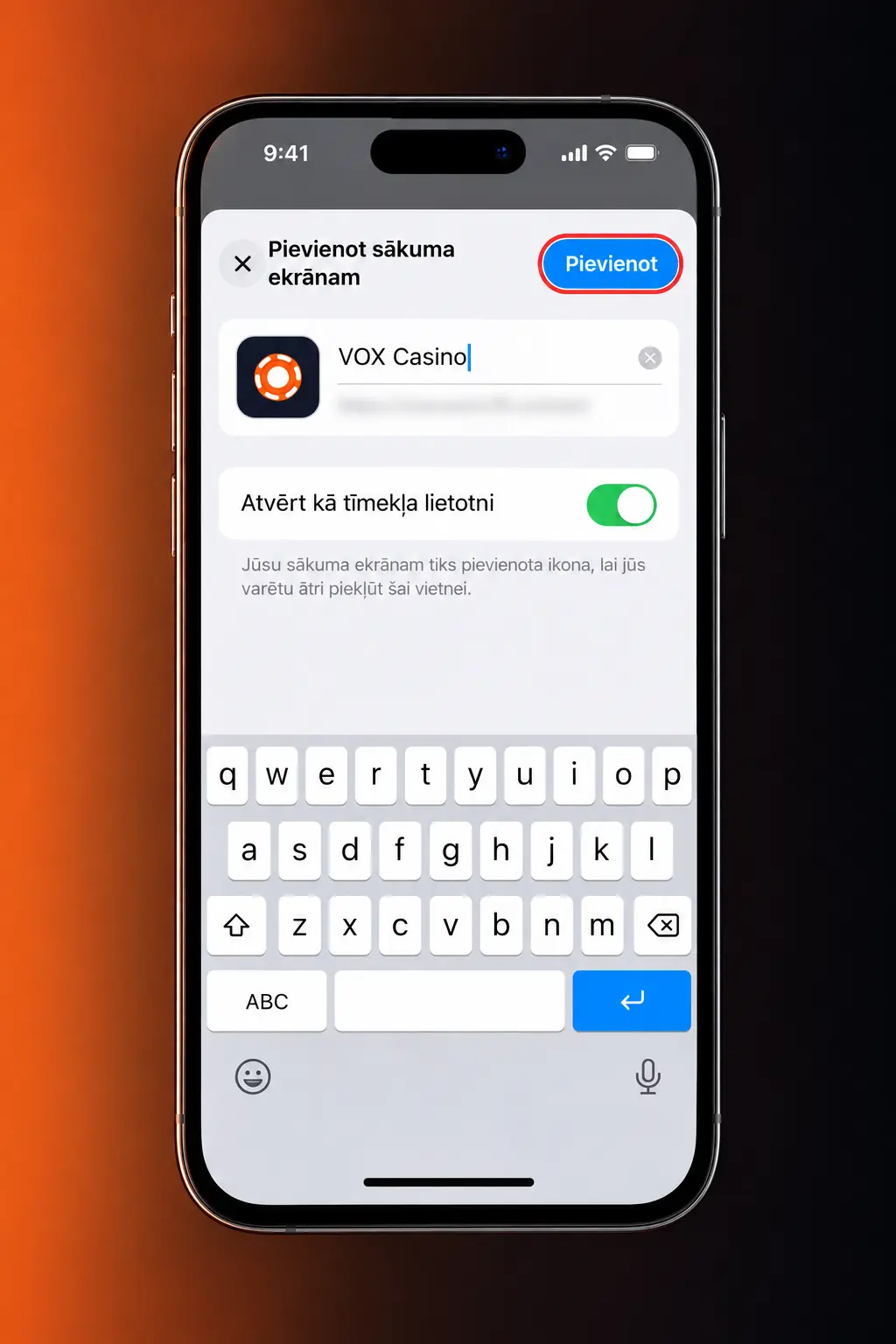 VOX casino PWA instalēšana iOS ierīcē, izmantojot Safari pārlūku un sākuma ekrānu