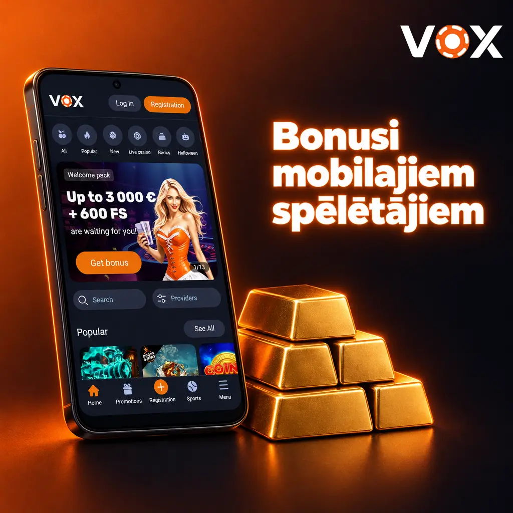 VOX casino mobilās lietotnes ekrāns ar bonusu piedāvājumiem un akciju sadaļu spēlētājiem