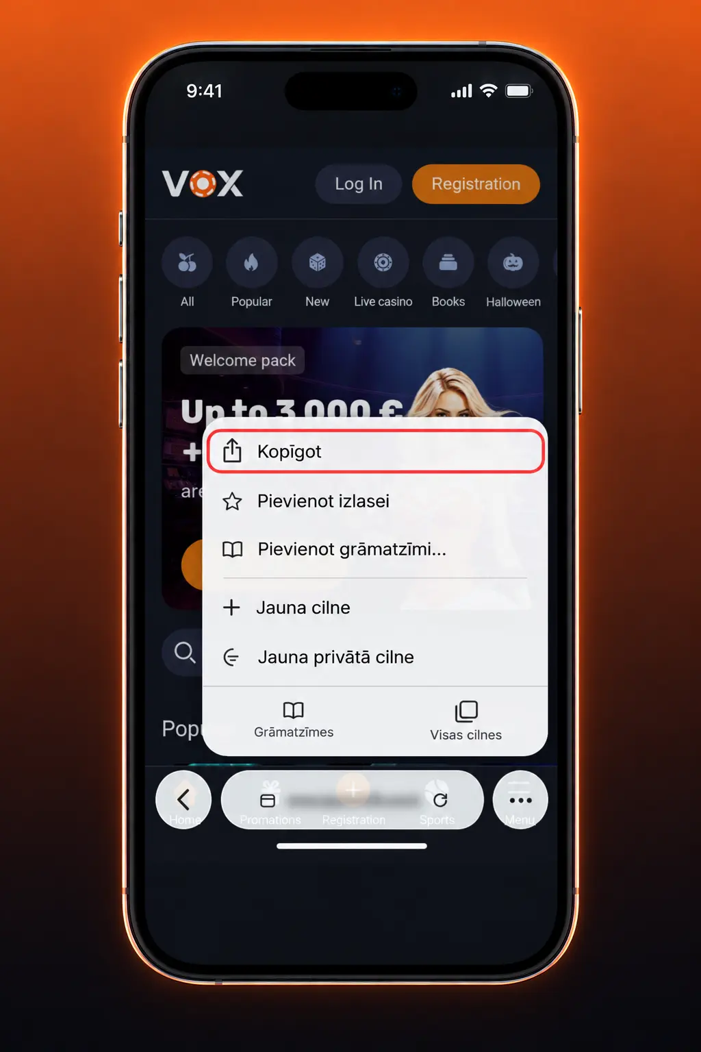 VOX casino PWA lietotne iOS ierīcē - instalēšana caur Safari, izmantojot Add to Home Screen opciju