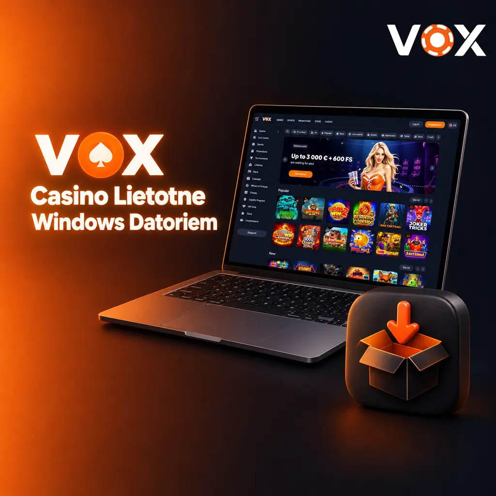 VOX Casino Windows lietotnes instalēšanas process datoram ar lejupielādes pogu un soļiem