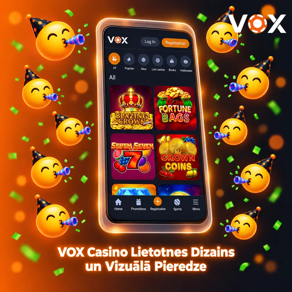 VOX Casino lietotnes dizains ar tumšiem toņiem, oranžiem akcentiem, sporta likmēm un kazino spēlēm ērtai mobilajai pieredzei.