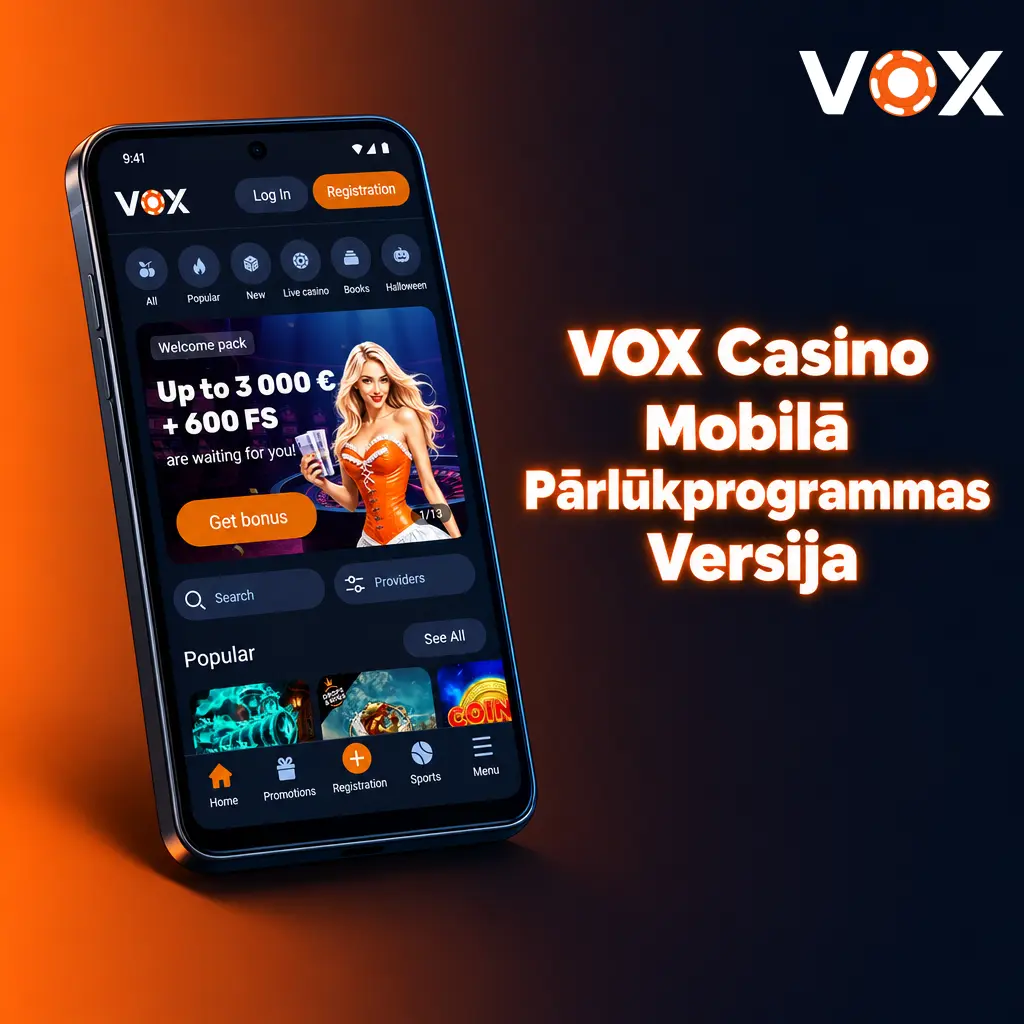 VOX Casino mobilā pārlūkprogrammas versija bez lejupielādes ar sporta derībām, kazino spēlēm un kases operācijām