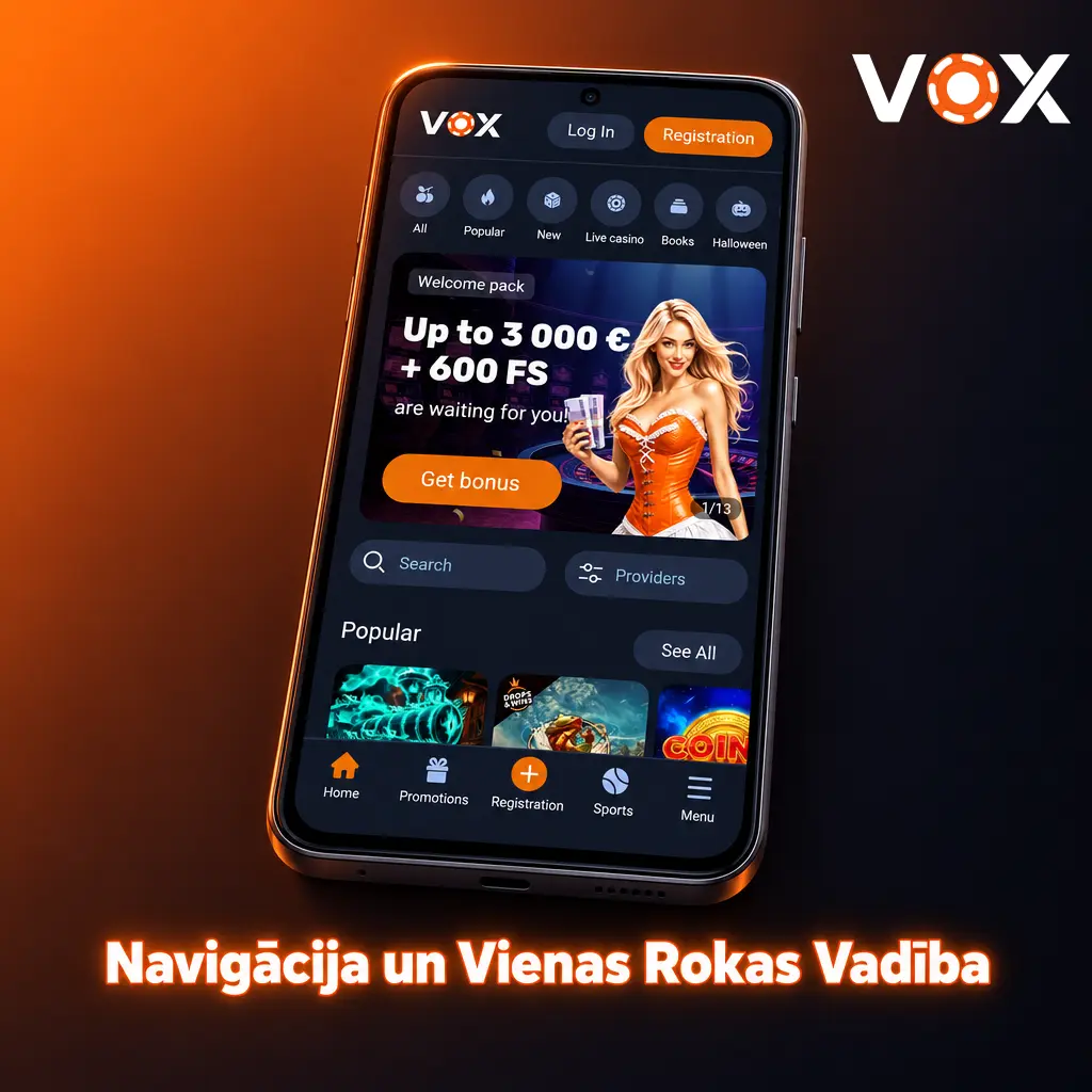 Ērta vienas rokas vadība ar apakšējo izvēlni – ātra piekļuve sportam, kazino, kontam un kasei vienā ekrānā.