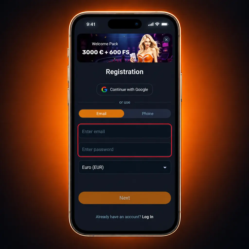 VOX casino reģistrācijas forma ar 5 soļiem: dati, parole, vecuma apstiprinājums un koda ievade
