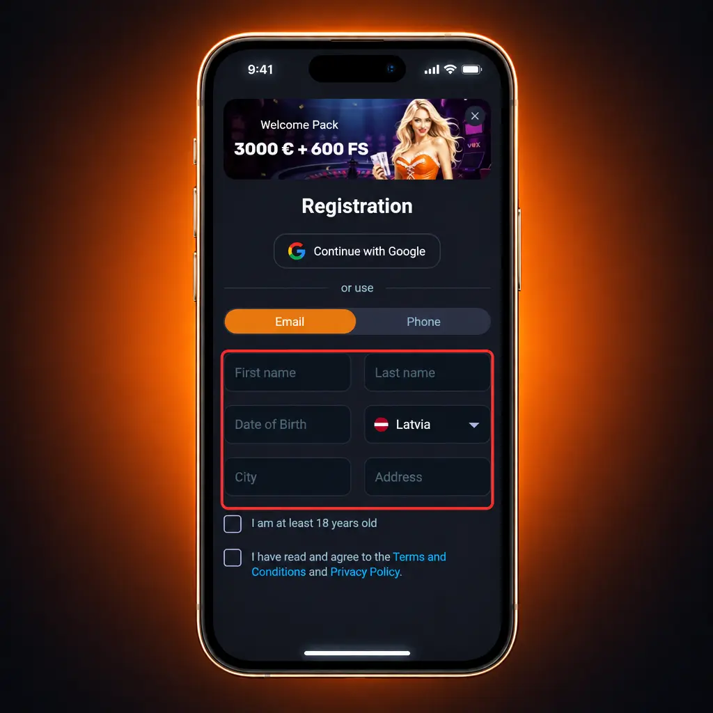 Reģistrācija VOX casino 5 soļos: forma, e-pasts, parole, vecuma apstiprinājums un koda ievade